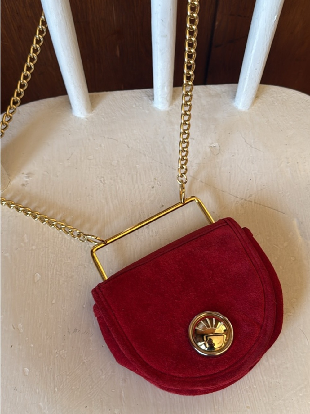 Vintage Red Suede Crossbody with Gold Chain